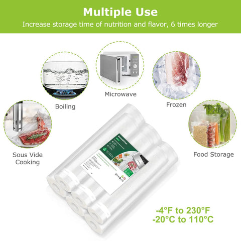 Commercial grade BPA free vacuum sealer bag rolls six pack includes three 11x20 inch rolls and three 8x20 inch rolls shown.