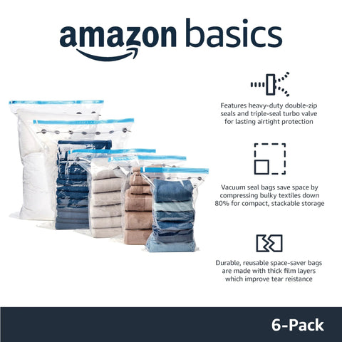 Vacuum Storage Bags For Clothes With Hand Pump, Space Saving Jumbo Compression Bags Set Of Six, Heavy Duty And Stackable