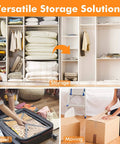 Jumbo Vacuum Storage Bags 12 Pack For Blankets Comforters Pillows Clothes Space Saver with Double Seal Zipper in closet, suitcase, and moving setup.