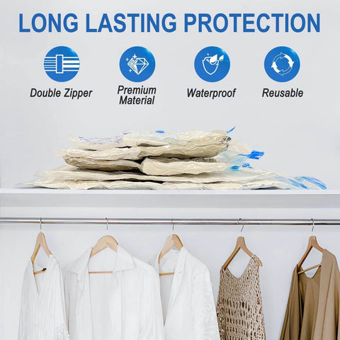Vacuum Storage Bags with Hand Pump 20 Pack Space Saver Vacuum Seal Bags for Clothing Travel Luggage Blankets Comforters shown in closet