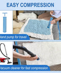 Person using hand pump on vacuum storage bag with blue inside; vacuum cleaner for compression shown; Vacuum Storage Bags with Hand Pump 20 Pack Space Saver Vacuum Seal Bags for Clothing Travel Luggage Blankets Comforters.