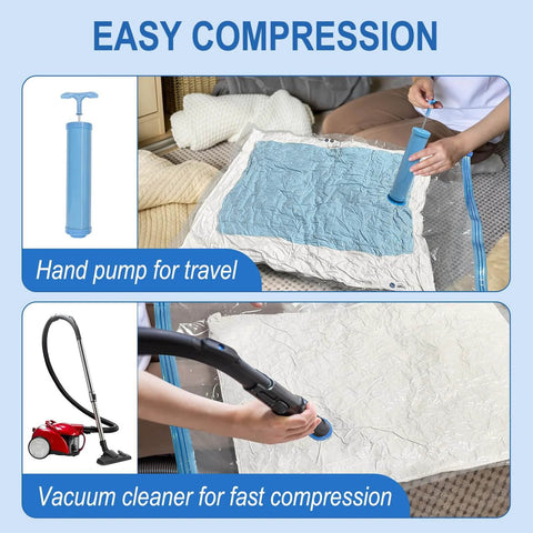 Person using hand pump on vacuum storage bag with blue inside; vacuum cleaner for compression shown; Vacuum Storage Bags with Hand Pump 20 Pack Space Saver Vacuum Seal Bags for Clothing Travel Luggage Blankets Comforters.