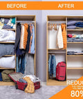 Before and after closet view using Jumbo Vacuum Storage Bags 12 Pack For Blankets Comforters Pillows Clothes Space Saver With Double Seal Zipper