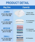 Product size and capacity chart for Jumbo, Large, Medium, and Small bags in Vacuum Storage Bags with Hand Pump 20 Pack Space Saver Vacuum Seal Bags.