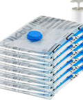 Vacuum Storage Bags For Clothes With Hand Pump, Space Saving Jumbo Compression Bags Set Of Six shown stacked with hand pump