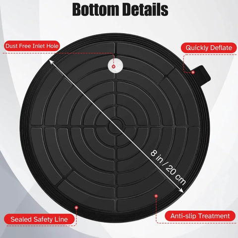 Bottom view of Beefed Up Heavy Duty Vacuum Suction Cup Lifter, black, 8-inch, with inlet hole, safety line, anti-slip features.