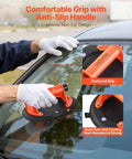 Person using 8-Inch Heavy-Duty Vacuum Suction Cup Lifter With ABS Handle on glass surface, showing anti-slip handle and textured grip.