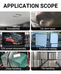 Collage showing Heavy Duty Vacuum Suction Cup Lifter 4.5 Inch applications in disassembly, dent repair, glass, tiles, and more.