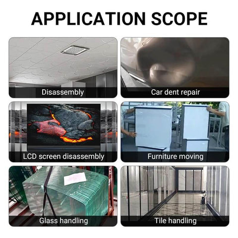 Collage showing Heavy Duty Vacuum Suction Cup Lifter 4.5 Inch applications in disassembly, dent repair, glass, tiles, and more.
