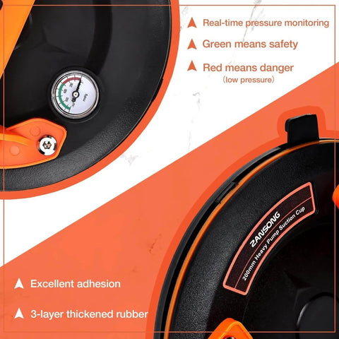 Close-up of heavy duty vacuum suction cup lifter for glass and large appliances like air conditioners with pressure gauge