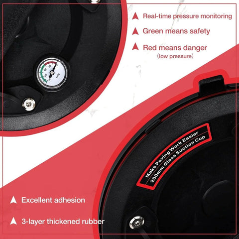 Close-up of Heavy Duty Vacuum Suction Cup Lifter for Glass and Large Appliances with pressure gauge and thick rubber.
