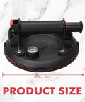 Heavy Duty Vacuum Suction Cup Lifter For Glass And Large Appliances With Pressure Gauge, showing size dimensions on marble