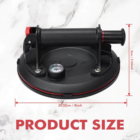 Heavy Duty Vacuum Suction Cup Lifter For Glass And Large Appliances With Pressure Gauge, showing size dimensions on marble