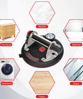 Beefed Up Heavy Duty Vacuum Suction Cup Lifter For Glass And Large Appliances with built-in pressure gauge surrounded by usage examples