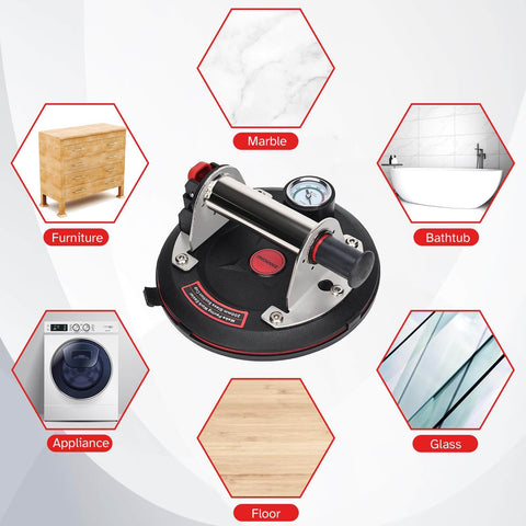 Beefed Up Heavy Duty Vacuum Suction Cup Lifter For Glass And Large Appliances with built-in pressure gauge surrounded by usage examples