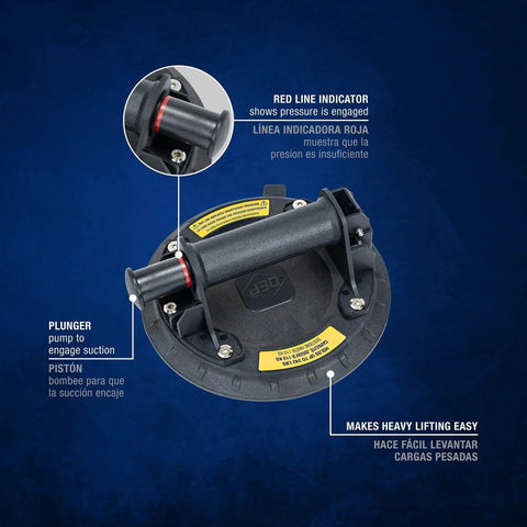Heavy Duty 8 Inch Vacuum Suction Cup Lift Tool With 242 Lb Capacity, showing red line indicator and plunger on rugged rubber base