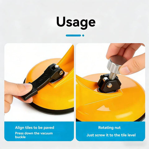 Close-up of orange Adjustable Height Countertop Leveler Pro with vacuum suction grip and rotating nut for precise stone leveling