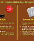 Non Slip Vacuum Tech Rug Grippers and L Shaped Gel Pads display for Hardwood and Tile Floors, showing reusable, washable design.