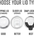 Three lid types for tumblers: standard sipping lid, slider lid, and snap-lock lid options shown for Twenty Oz Vacuum Insulated Tumbler Mug