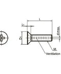 Diagram of ✝️ SVFS-M3-12 NBK Cross Recessed Flat Head Machine Vacuum Vented Screws, showing dimensions and ventilation hole.