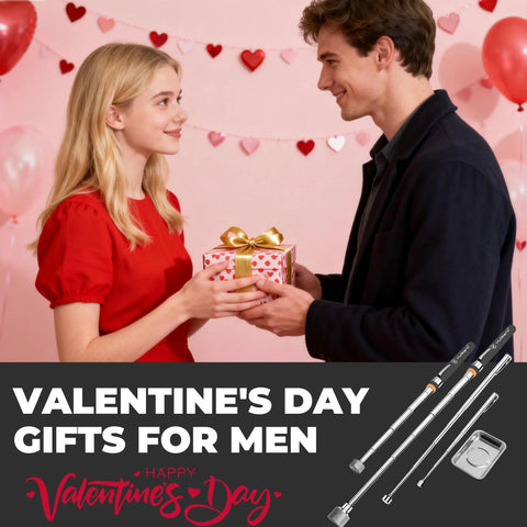 Couple exchanging gifts with a Five Piece Telescoping Magnetic Pickup Set, promoting Valentine's Day gifts for men.