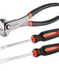 Three Piece Nail Puller And Staple Remover Tool Set With 7 Inch End Cutting Pliers And 8 Inch Bendable And Straight V Tip Tack Pullers