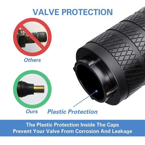 Tire Valve Stem Caps Black Anodized Aluminum Set 4 Pack With Plastic Inner Valve Design for Corrosion Resistance and Rust Prevention