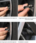 Installing upgraded valve stem caps with sealing ring for cars, motorbikes, and trucks, demonstrating dustproof and waterproof features.