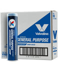 Front view of Valvoline General Purpose Amber Grease 14.1 OZ Cartridge next to case of 10, for automotive and industrial use.