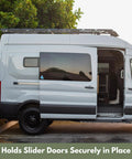 Side view of van with Universal Mid Door Slider Kit For Van Sliding Doors Stopping At Mid Position For Privacy And Airflow No Drill Install Aircraft Grade Aluminum With Epoxy Finish Ideal For Stealth Camping And Partial Coverage, door partially open