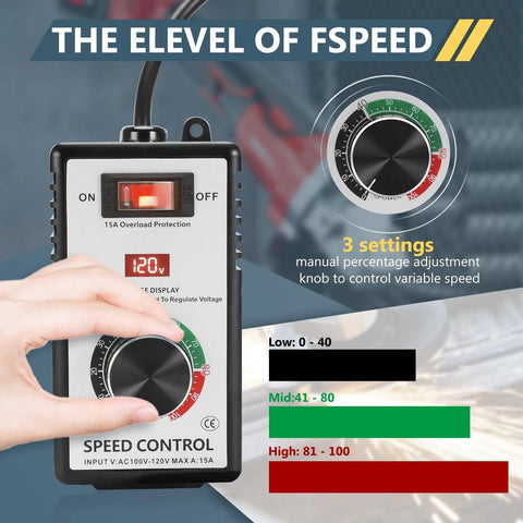 Hand holding AC Motor Speed Controller 100V-120V 15A Max Variable Fan Speed Controller, Electronic Voltage Regulator & LED Display, showing speed settings.