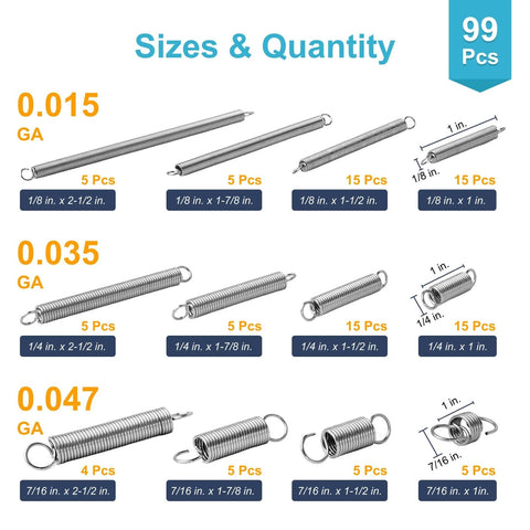 Various sizes of springs with measurements and quantities displayed, including 99 pieces in total on the packaging.