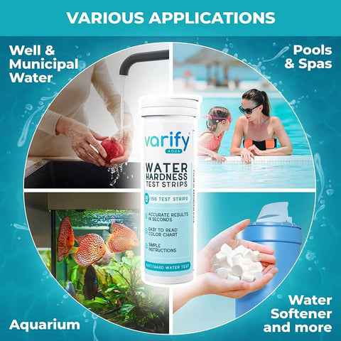 Water Hardness Test Kit for Home, Drinking, Well, Spa, Pool, Softener, Dishwasher - Hard Water Test Strips illustrated in use
