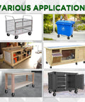 Various applications showcasing 10 inch pneumatic rigid caster wheels in a 2 pack with all terrain rubber tires, zinc top plate design rated 600 lbs.