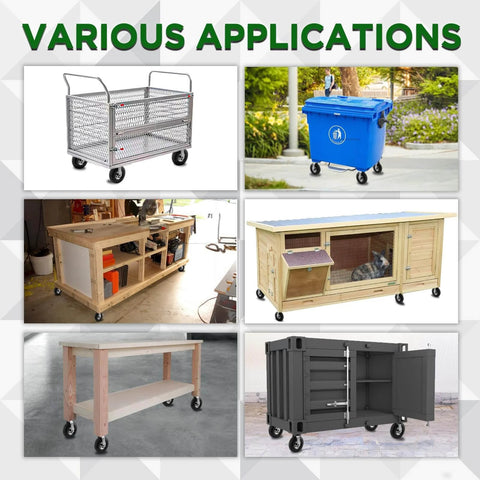 Various applications showcasing 10 inch pneumatic rigid caster wheels in a 2 pack with all terrain rubber tires, zinc top plate design rated 600 lbs.
