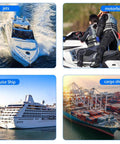 Collage of marine vessels including a jet, motorboat, cruise ship, and cargo ship in various water settings.