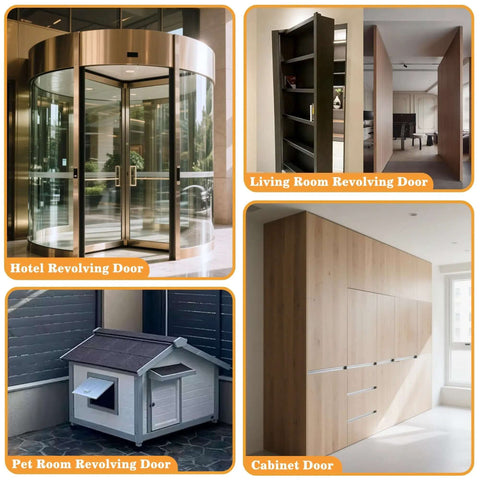 Collage of hotel, living room, cabinet, and pet room revolving doors showcasing diverse applications of revolving door designs.