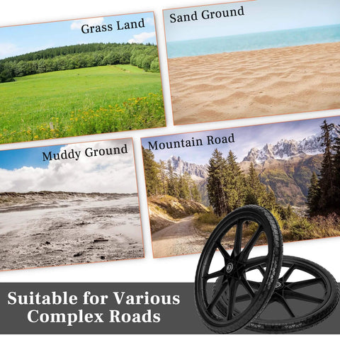 20 Inch Flat Free Wheels Compatible with Rubbermaid Wheelbarrow Tires showcased against various terrains like grass, sand, mud, and mountain roads.
