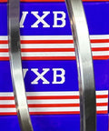 VC080CP0 Thin Section Bearing 8" x 8-3/4" x 3/8" inch, steel open ball bearing side view on a colored background.