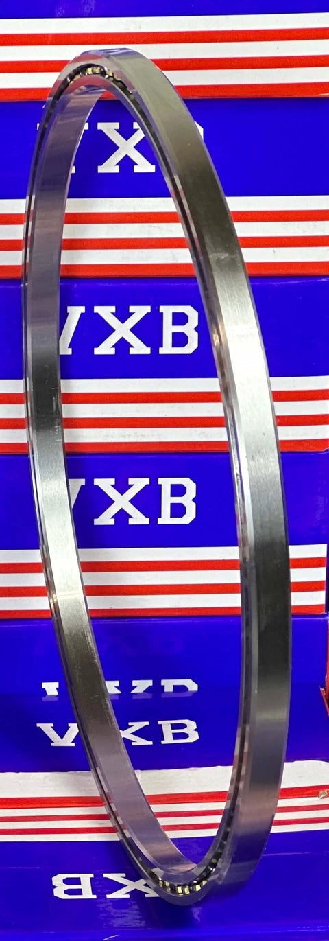 VC080CP0 Thin Section Bearing 8" x 8-3/4" x 3/8" inch, steel open ball bearing side view on a colored background.