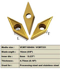 Three VCMT carbide inserts with specifications for Five Eighth Inch Lathe Tool Holder With Ten VCMT Carbide Inserts For Metal Turning.