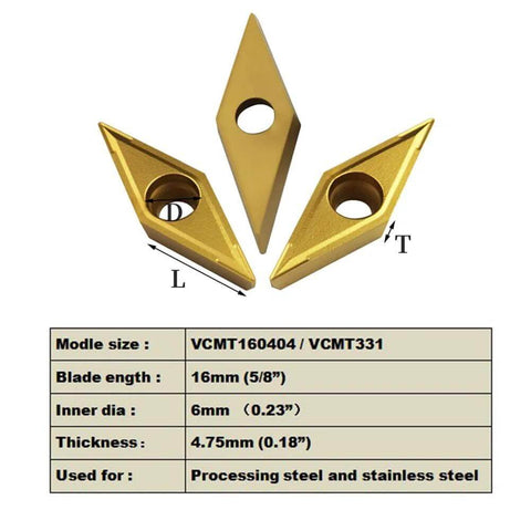 Three VCMT carbide inserts with specifications for Five Eighth Inch Lathe Tool Holder With Ten VCMT Carbide Inserts For Metal Turning.