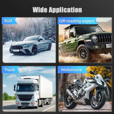 Collage showing SUV in snow, off-road vehicle in dirt, truck on road, and motorcycle labeled 'Motorcvcie'