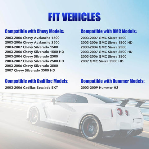 Product compatibility list with vehicle models for AC Blower Motor With Fan Fits 2003 To 2009 Hummer H2 And 2003 To 2007 Silverado Avalanche GMC Sierra 1500 2500 3500 HD Cadillac Escalade HVAC Heater Blower Replacement Replaces 700101