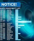 Vehicle compatibility list for GM vehicles including models like Buick LaCrosse, Lucerne, Park Avenue, and Cadillac DTS.