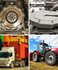 Four images depicting heavy-duty vehicles and machinery: a truck, a tractor, a machinery close-up, and an industrial component.