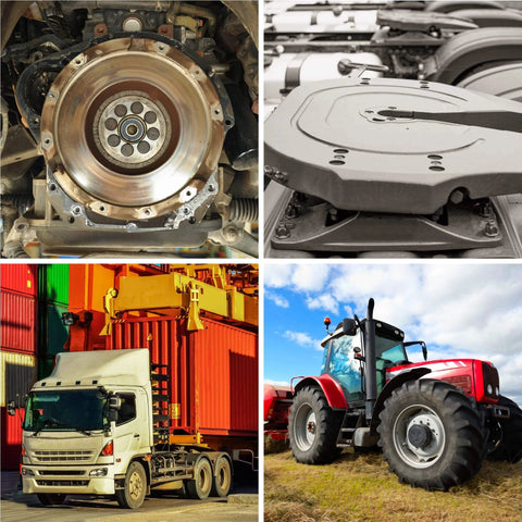 Four images depicting heavy-duty vehicles and machinery: a truck, a tractor, a machinery close-up, and an industrial component.