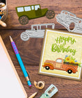 Four Piece Vehicle Cutting Dies Set For Card Making And Scrapbooking With Sedan Car And Pickup Truck Shapes shown with card display