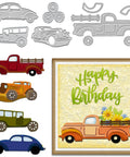 Four Piece Vehicle Cutting Dies Set For Card Making And Scrapbooking With Sedan Car And Pickup Truck Shapes Car Wheel Embossing Dies For Diy Crafts Albums Journals And Gift Cards, includes colored models and a 'Happy Birthday' card example.