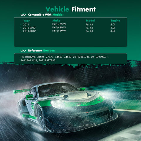 Racing car on track with fitment reference for BMW X5 X3 X6 X4 drive shaft center support bearing replacement.